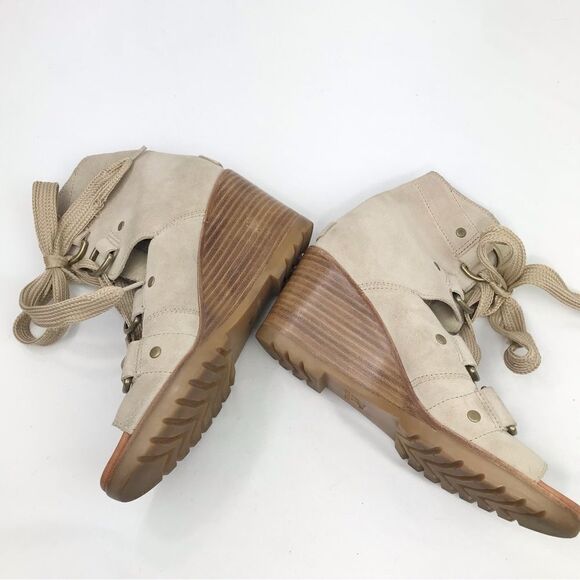 Sorel AFTER HOURS Lace Up Wedge Heel Casual Ankle Bootie Sandal in Oatmeal - Picture 9 of 16